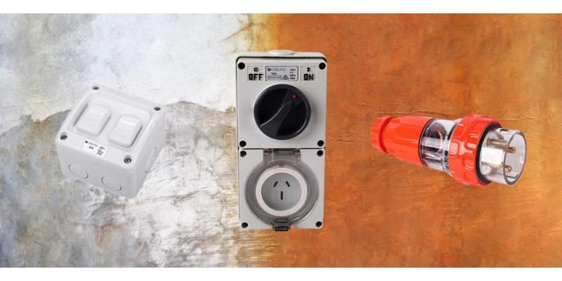 Industrial Socket, Switch & Plug on orange and silver brushed metal 
