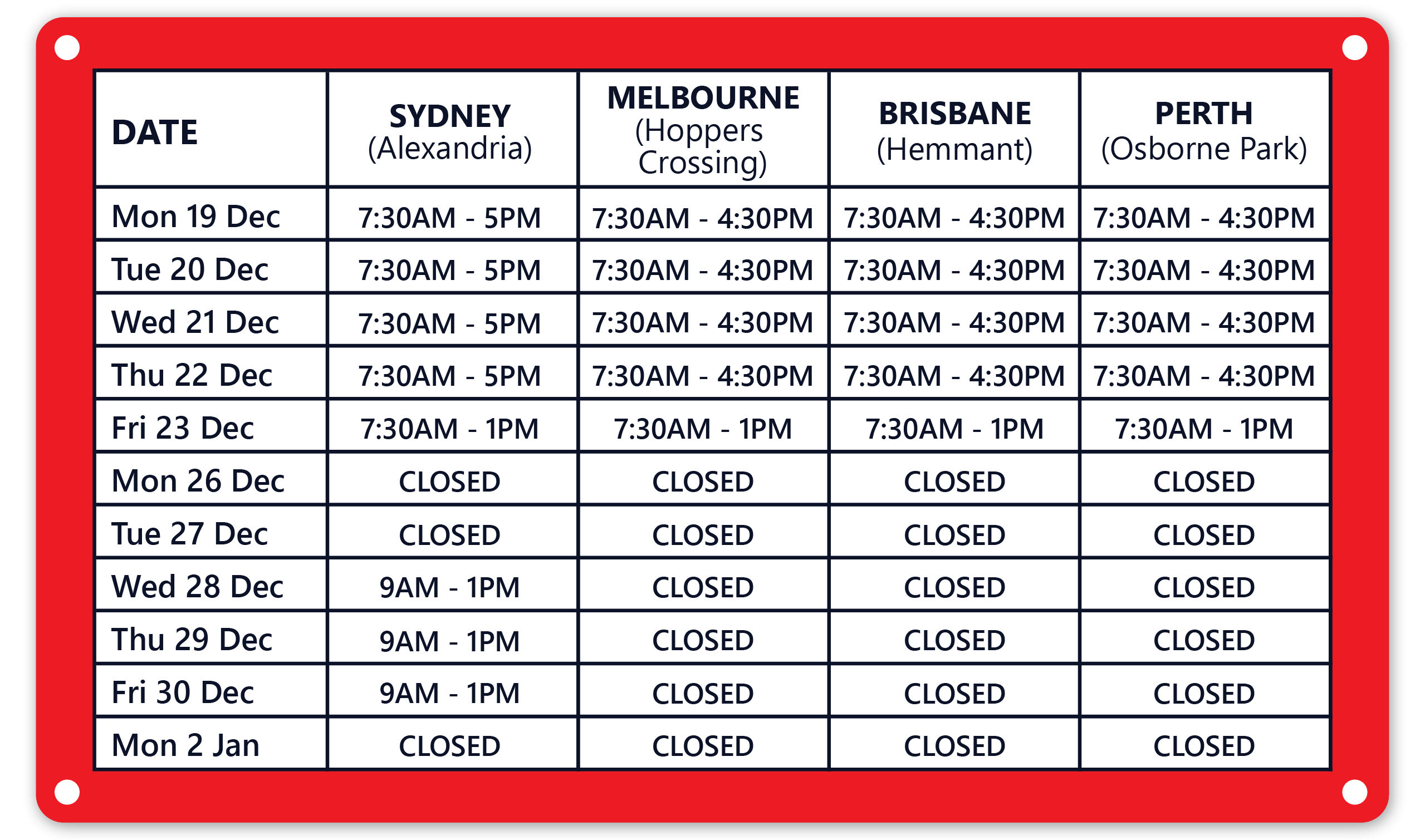 Festive Season Trading Hours 4Cabling