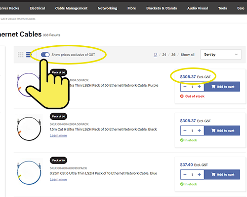 A CATEGORY LISTING PAGE EXCLUDING GST