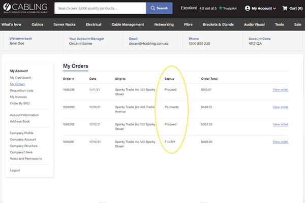 Order tracking information for logged in customers